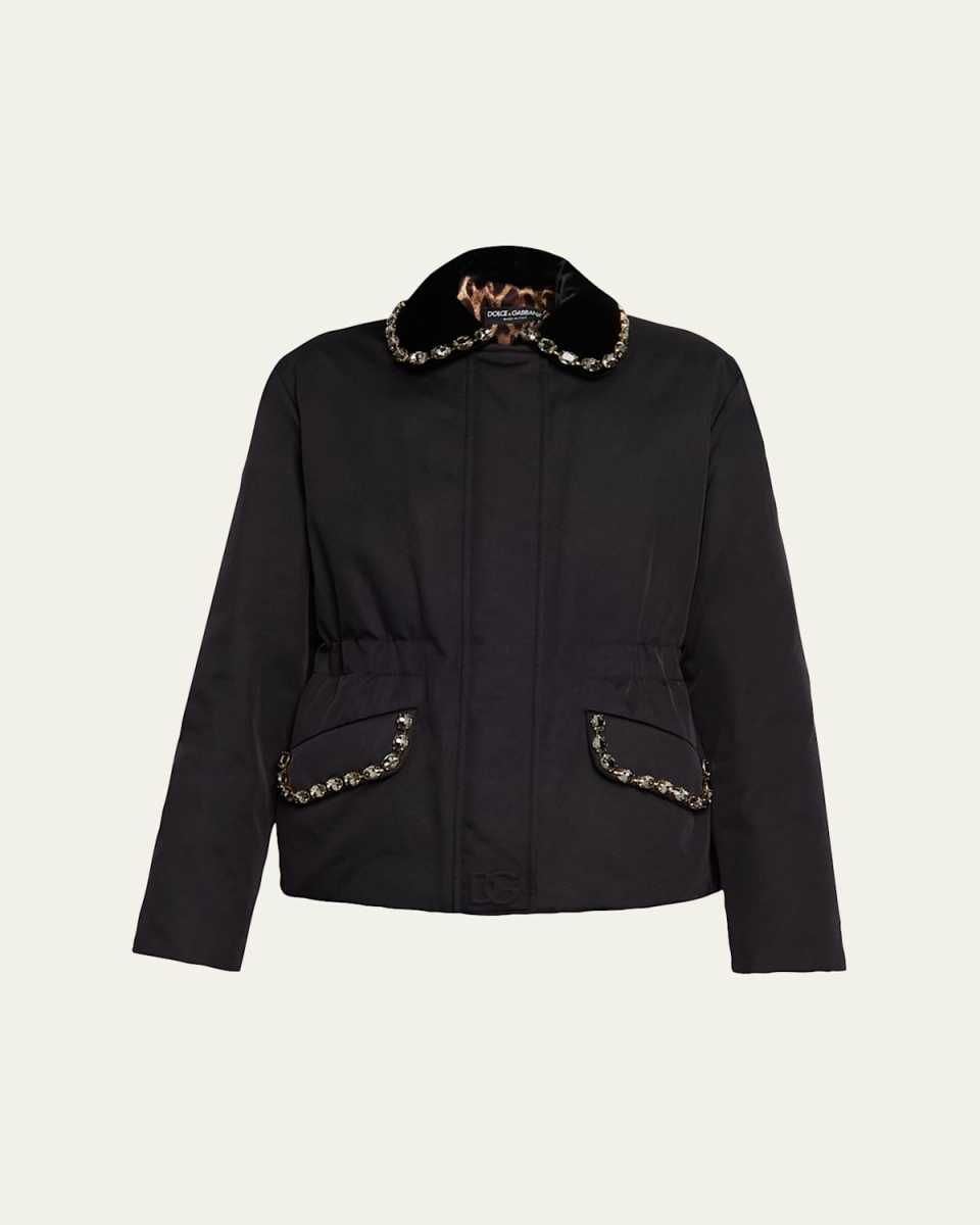 Crystal Velvet-Collar Nylon Barn Jacket
